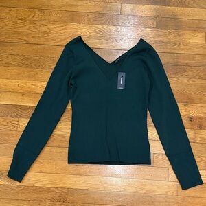 Express Dark Green Ribbed V-Neck Sweater